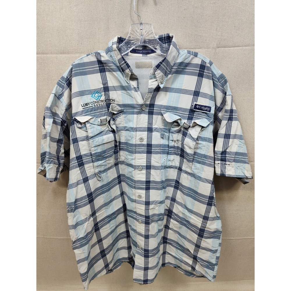 Columbia PFG Super Bahama Mens Blue Plaid‎ Short Sleeve Fishing Shirt XL Vented